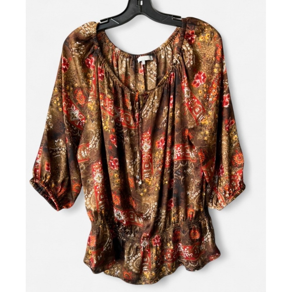 Violet & Claire Blouse Brown Peasant Patchwork Smocked Peplum Cottagecore 1X